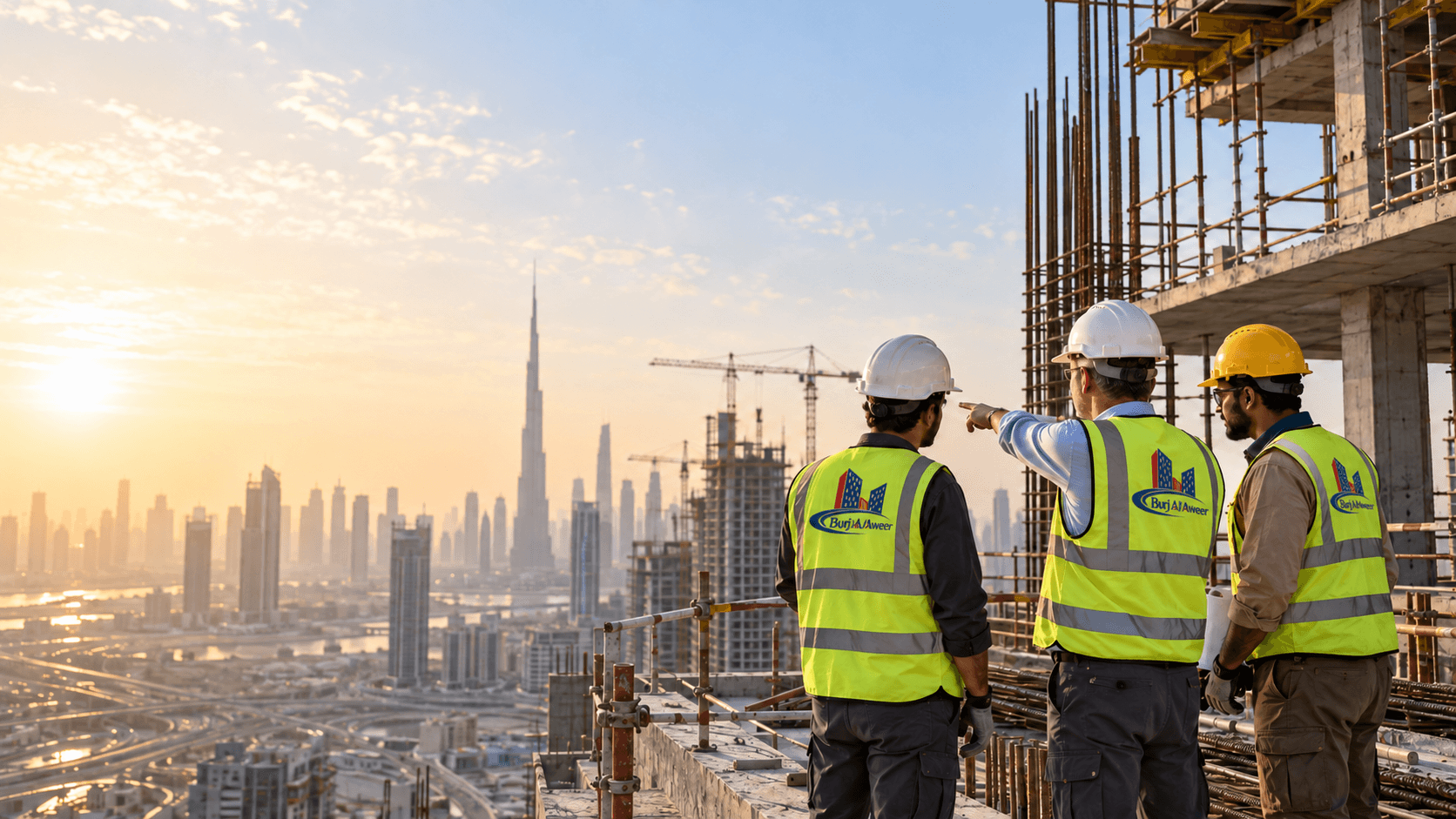 Construction workers collaborating on a building site